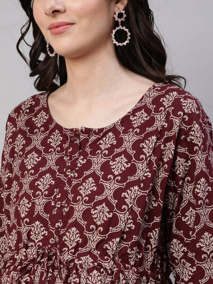 Women's Burgundy Printed Flared Maternity Dress Dupatta