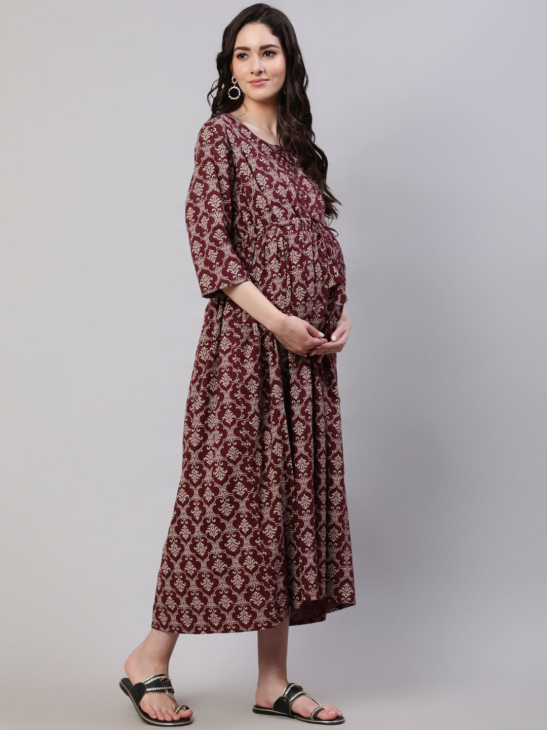 Women's Burgundy Printed Flared Maternity Dress Dupatta