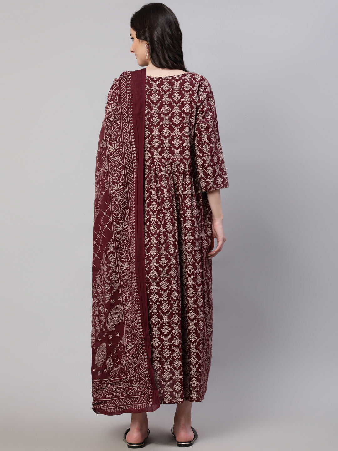 Women's Burgundy Printed Flared Maternity Dress Dupatta