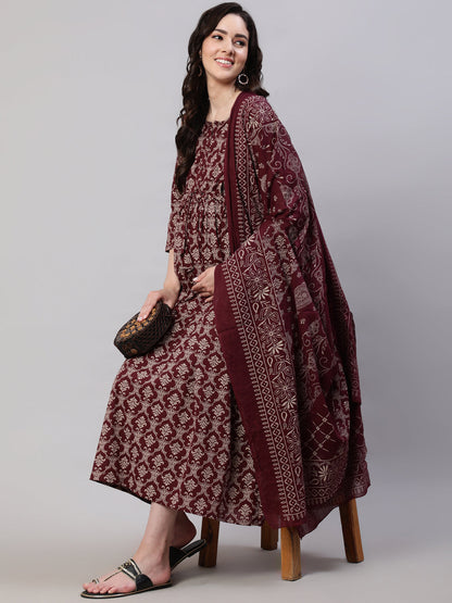 Women's Burgundy Printed Flared Maternity Dress Dupatta