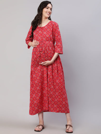 Women's Red Printed Flared Maternity Dress