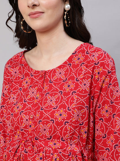Women's Red Printed Flared Maternity Dress