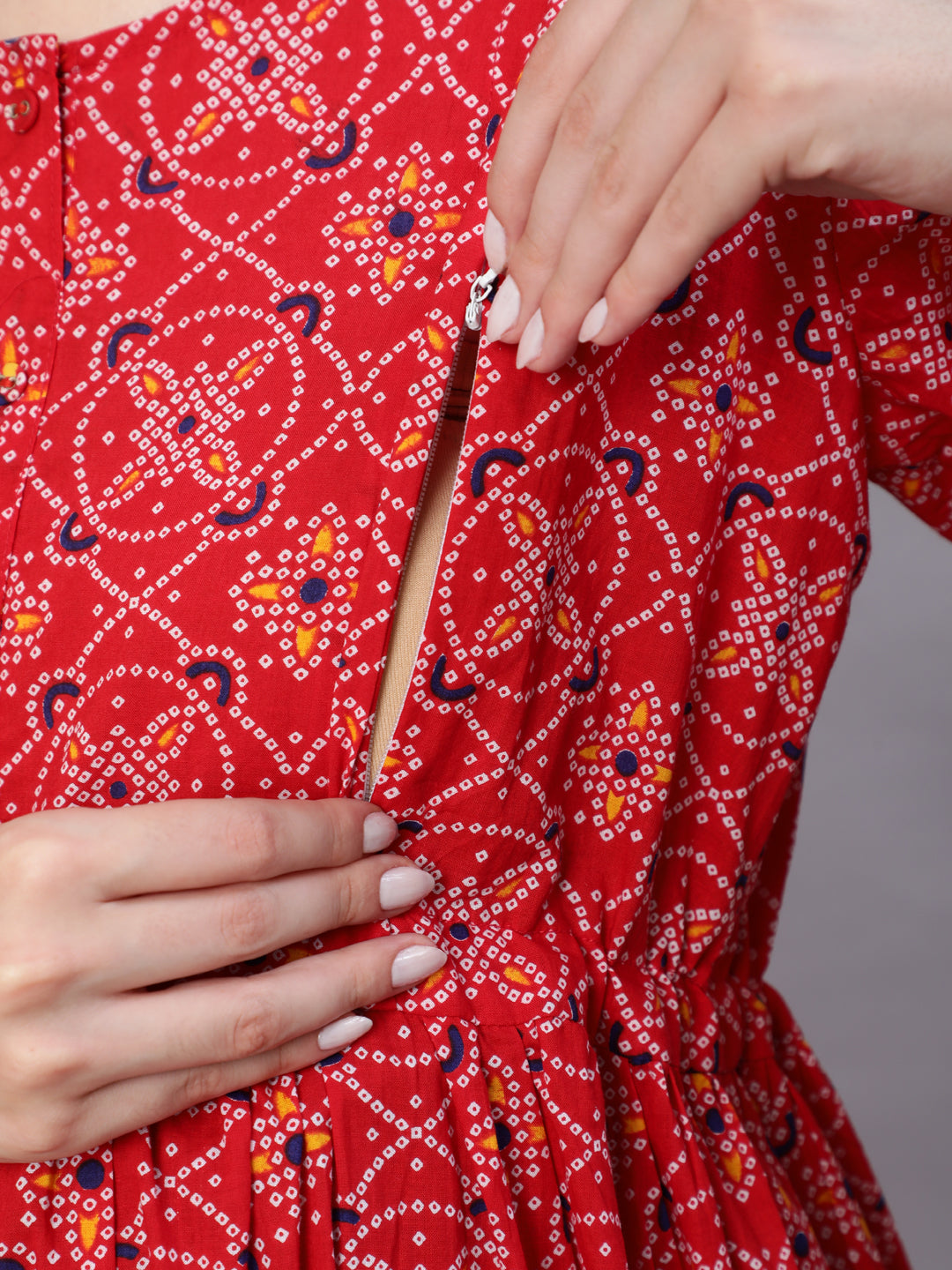 Women's Red Printed Flared Maternity Dress