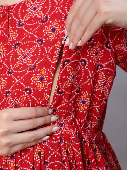 Women's Red Printed Flared Maternity Dress
