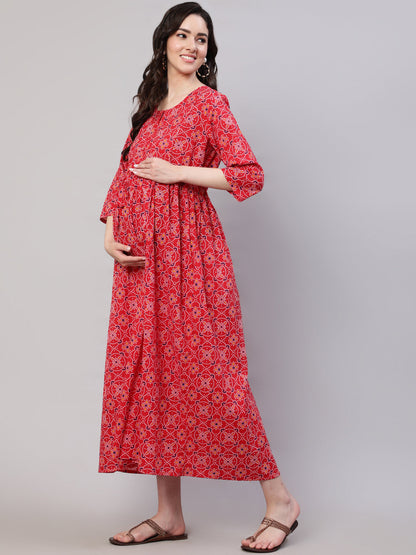 Women's Red Printed Flared Maternity Dress
