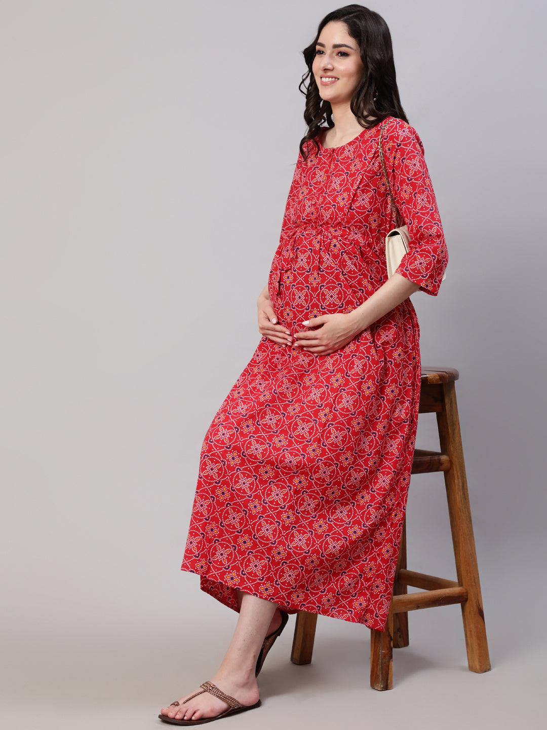 Women's Red Printed Flared Maternity Dress
