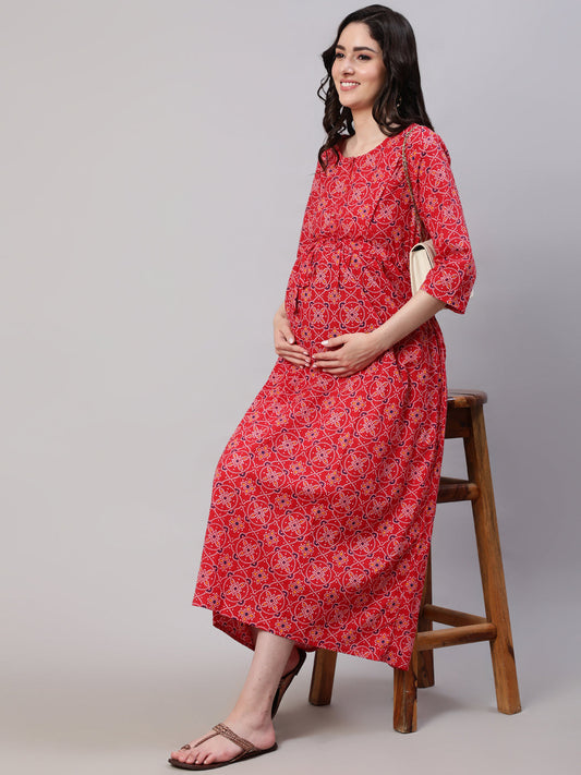 Women's Red Printed Flared Maternity Dress