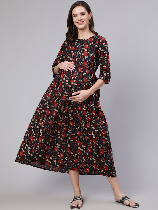 Women's Black Floral Printed Flared Maternity Dress