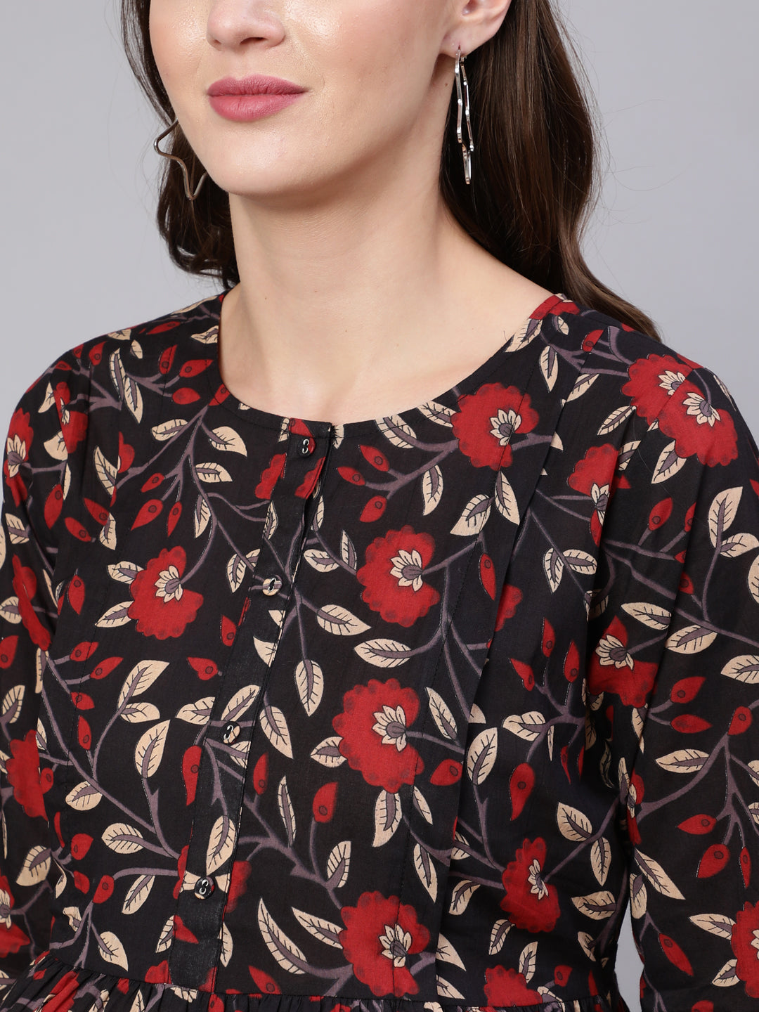 Women's Black Floral Printed Flared Maternity Dress