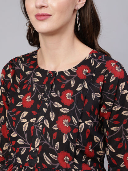 Women's Black Floral Printed Flared Maternity Dress