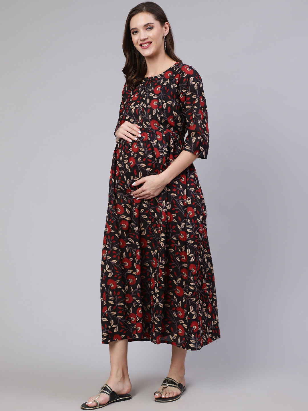 Women's Black Floral Printed Flared Maternity Dress