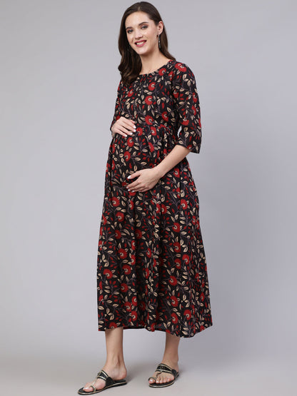 Women's Black Floral Printed Flared Maternity Dress