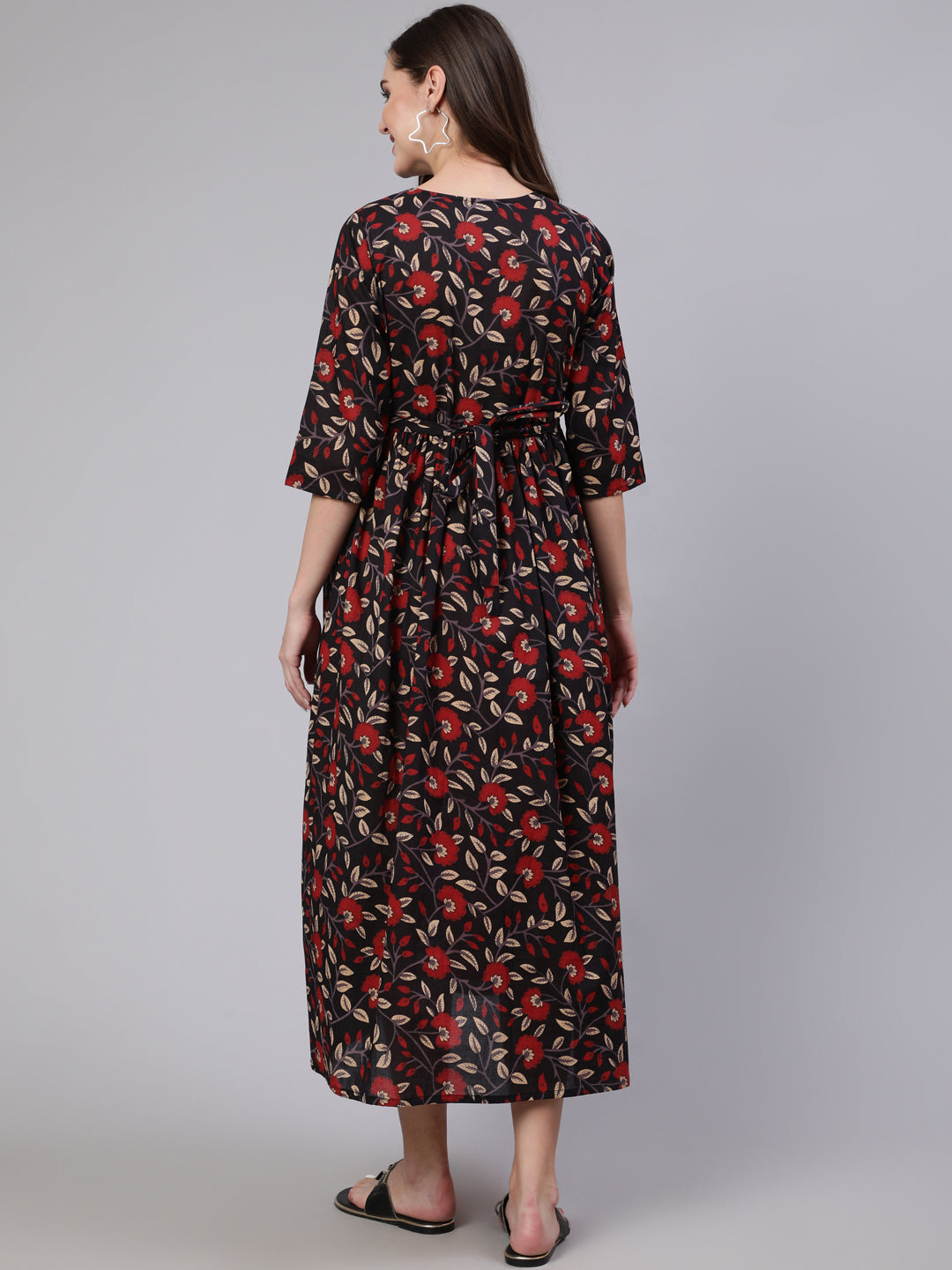 Women's Black Floral Printed Flared Maternity Dress
