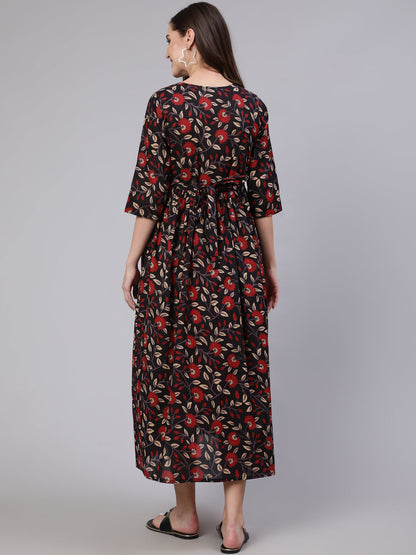 Women's Black Floral Printed Flared Maternity Dress