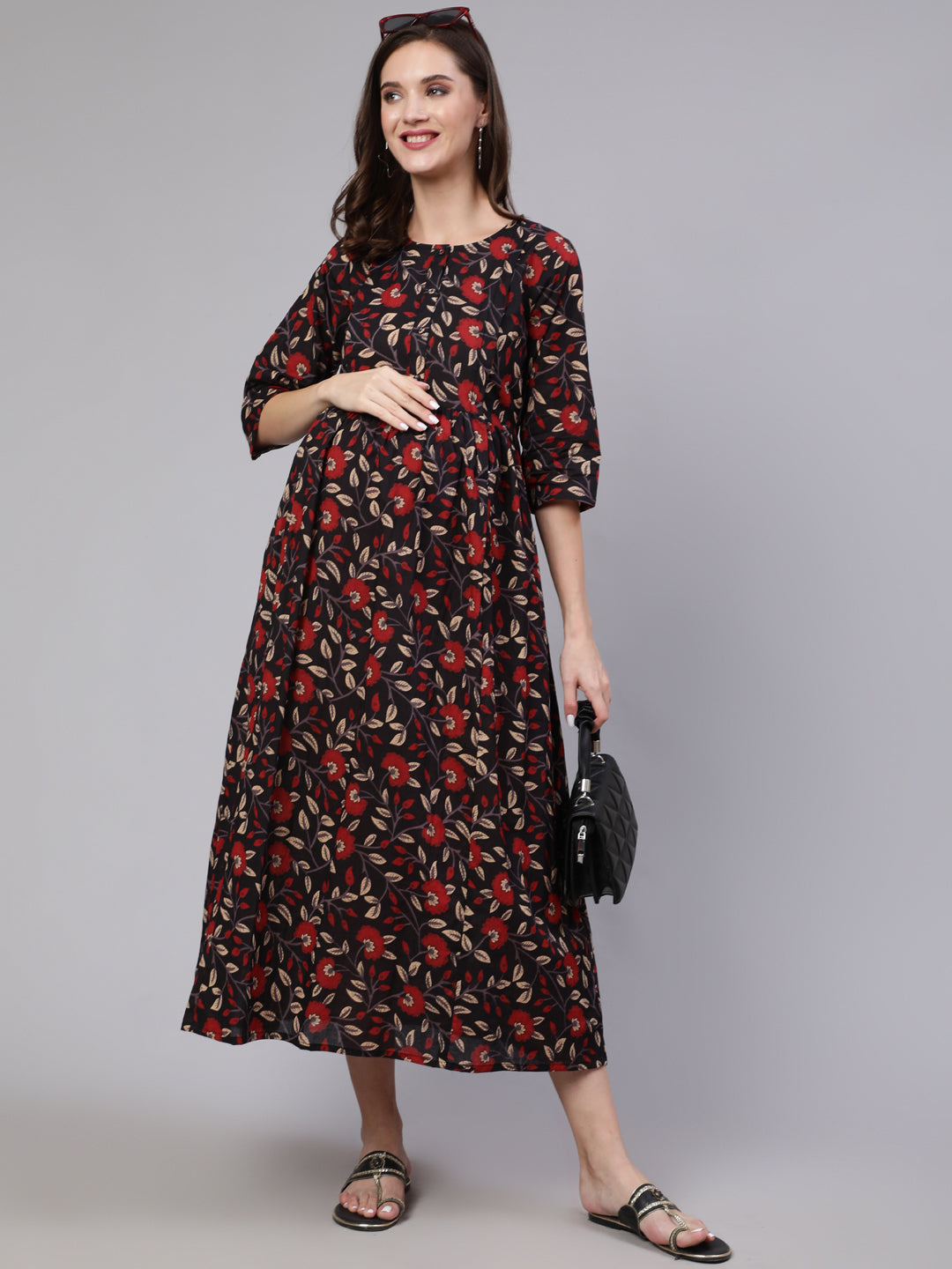 Women's Black Floral Printed Flared Maternity Dress