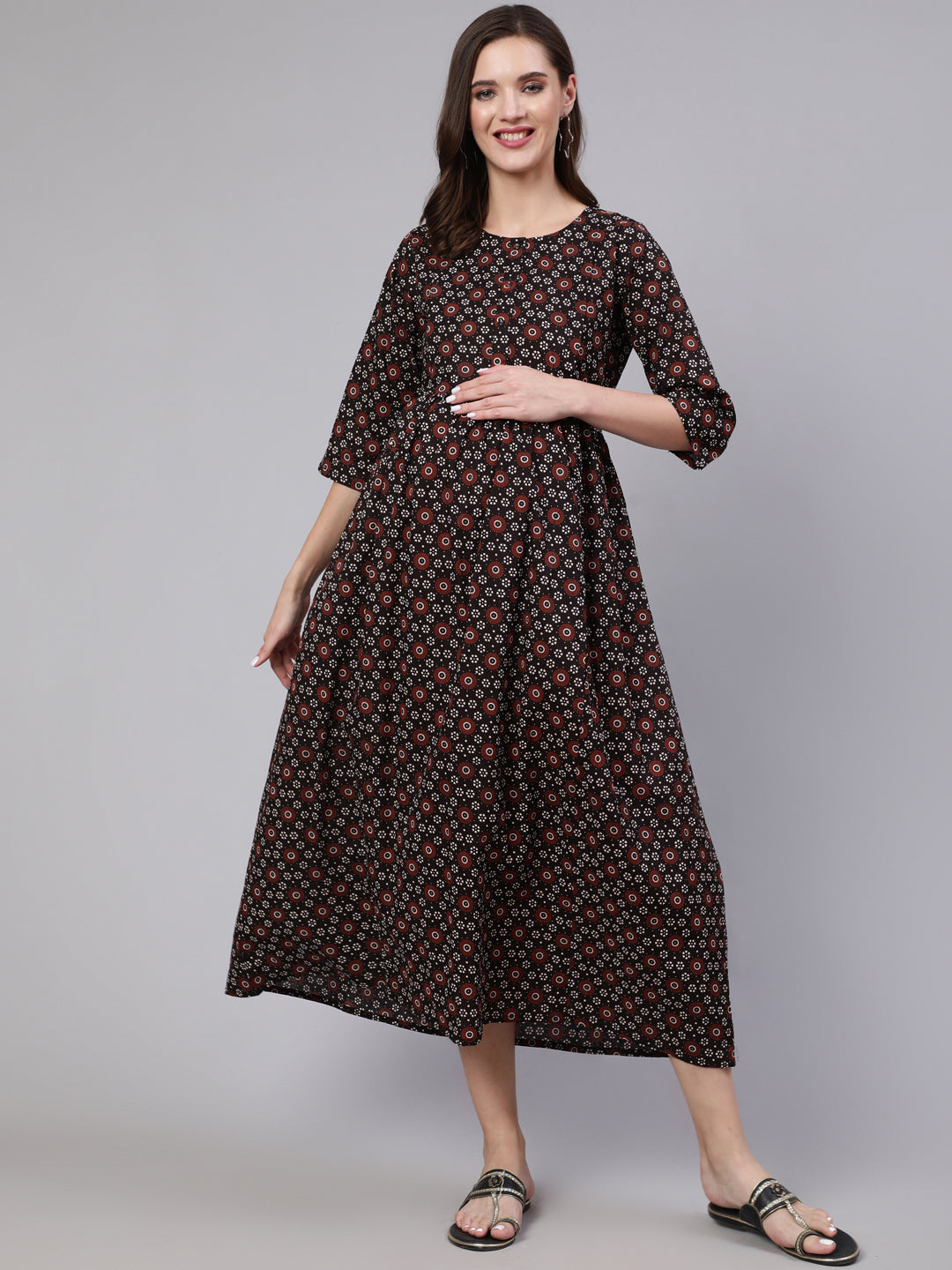 Women's Black Floral Printed Flared Maternity Dress