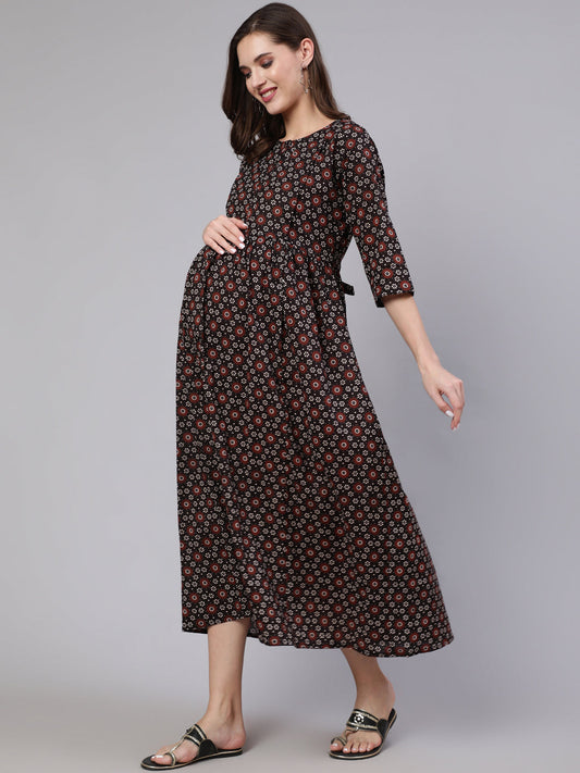 Women's Black Floral Printed Flared Maternity Dress