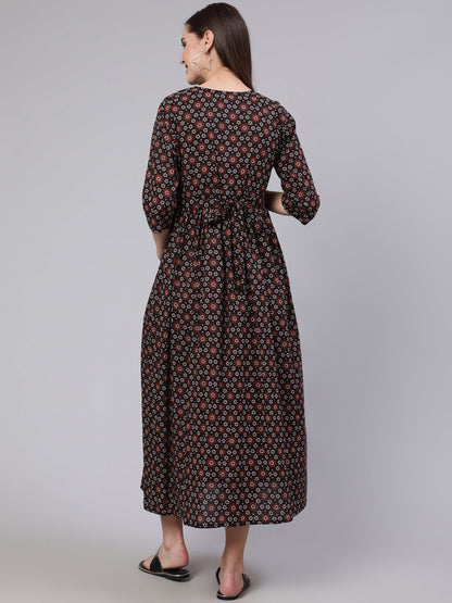 Women's Black Floral Printed Flared Maternity Dress