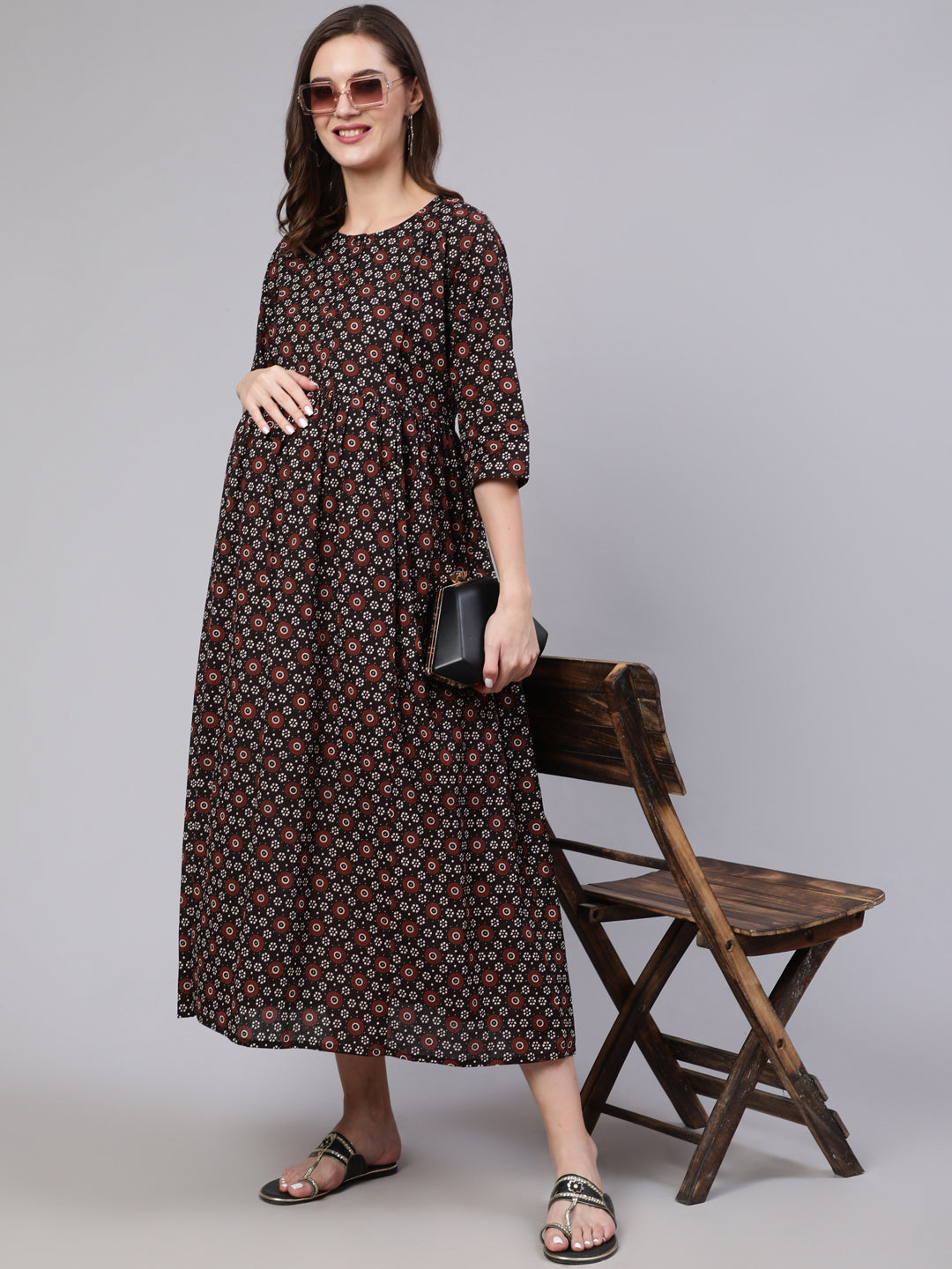 Women's Black Floral Printed Flared Maternity Dress