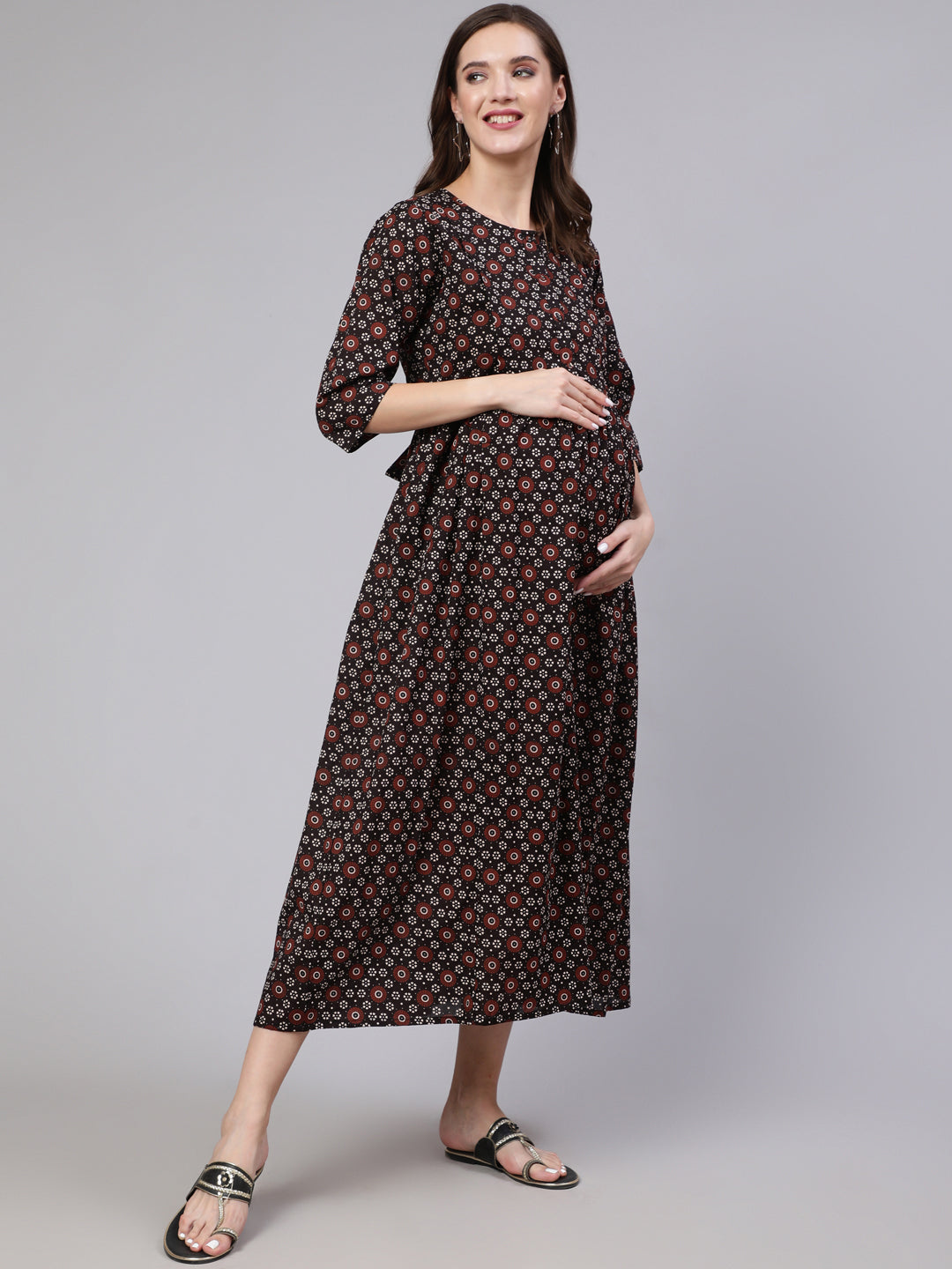Women's Black Floral Printed Flared Maternity Dress