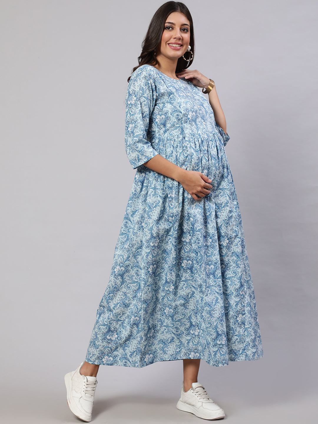 Women's Blue Printed Flared Maternity Dress