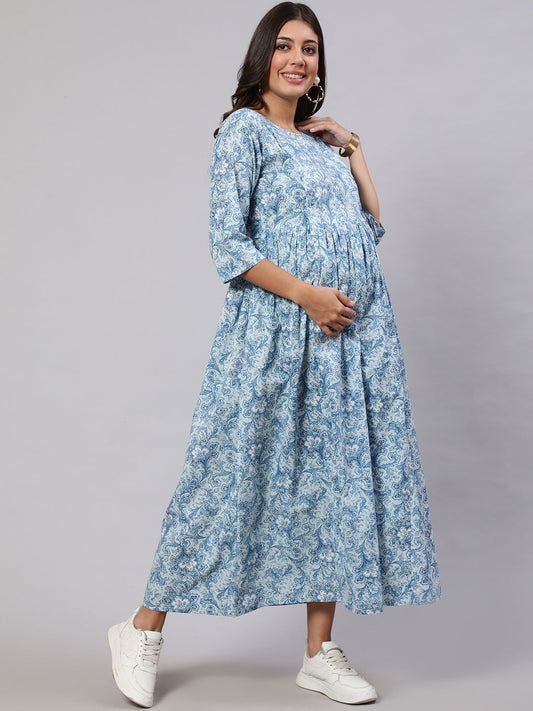 Women's Blue Printed Flared Maternity Dress