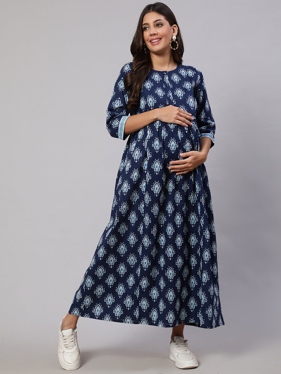 Women's Navy Blue Printed Flared Maternity Dress