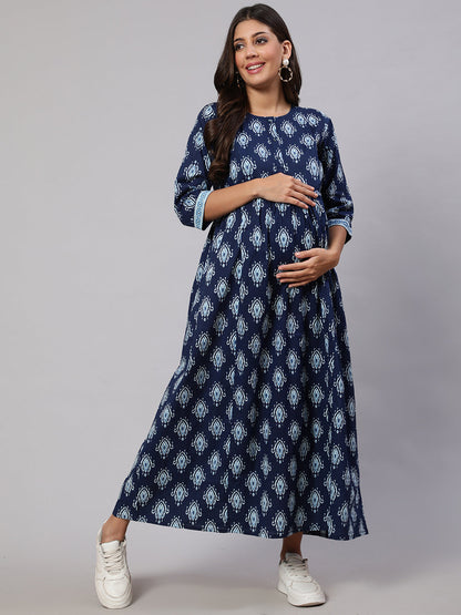 Women's Navy Blue Printed Flared Maternity Dress