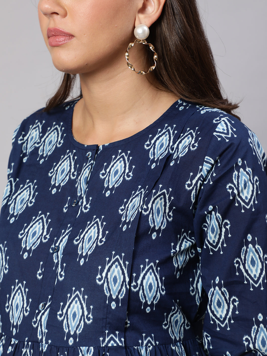 Women's Navy Blue Printed Flared Maternity Dress