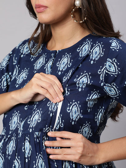 Women's Navy Blue Printed Flared Maternity Dress