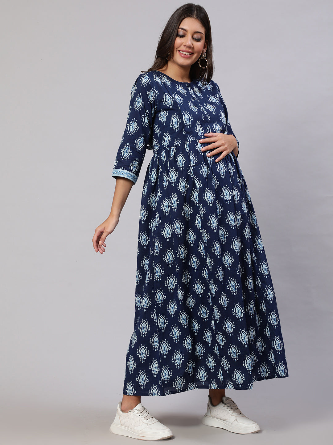 Women's Navy Blue Printed Flared Maternity Dress