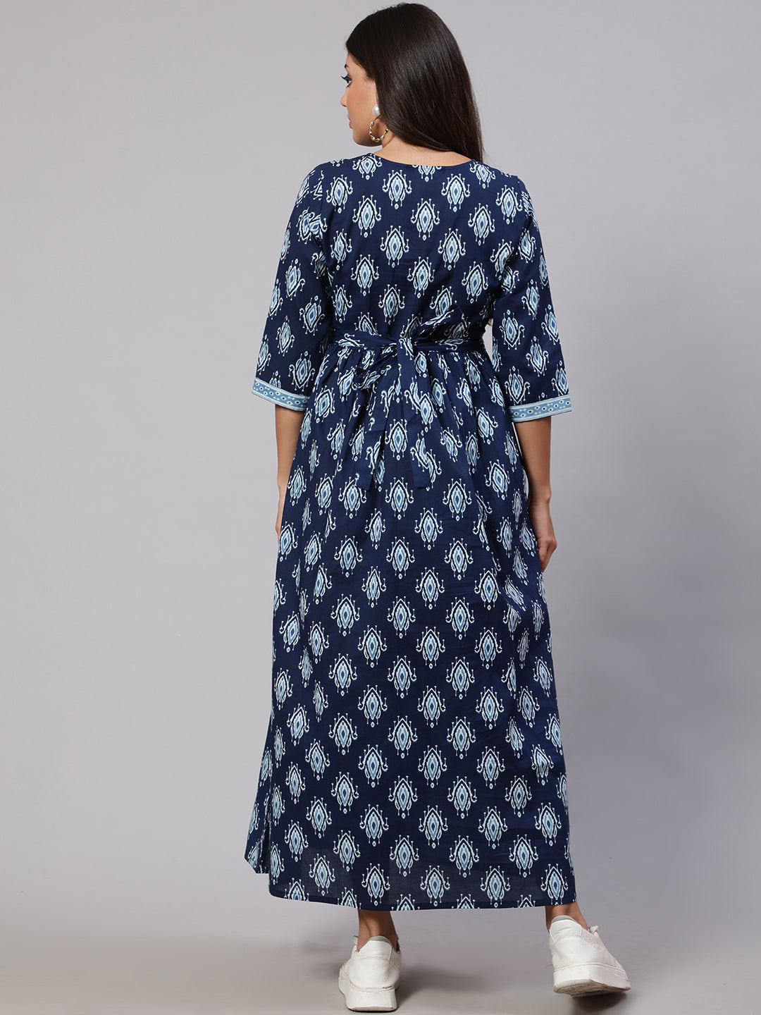 Women's Navy Blue Printed Flared Maternity Dress