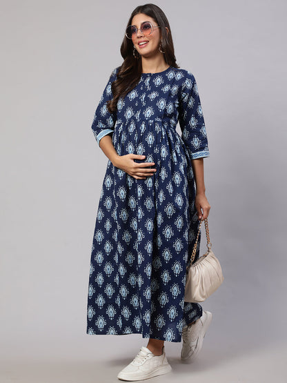 Women's Navy Blue Printed Flared Maternity Dress