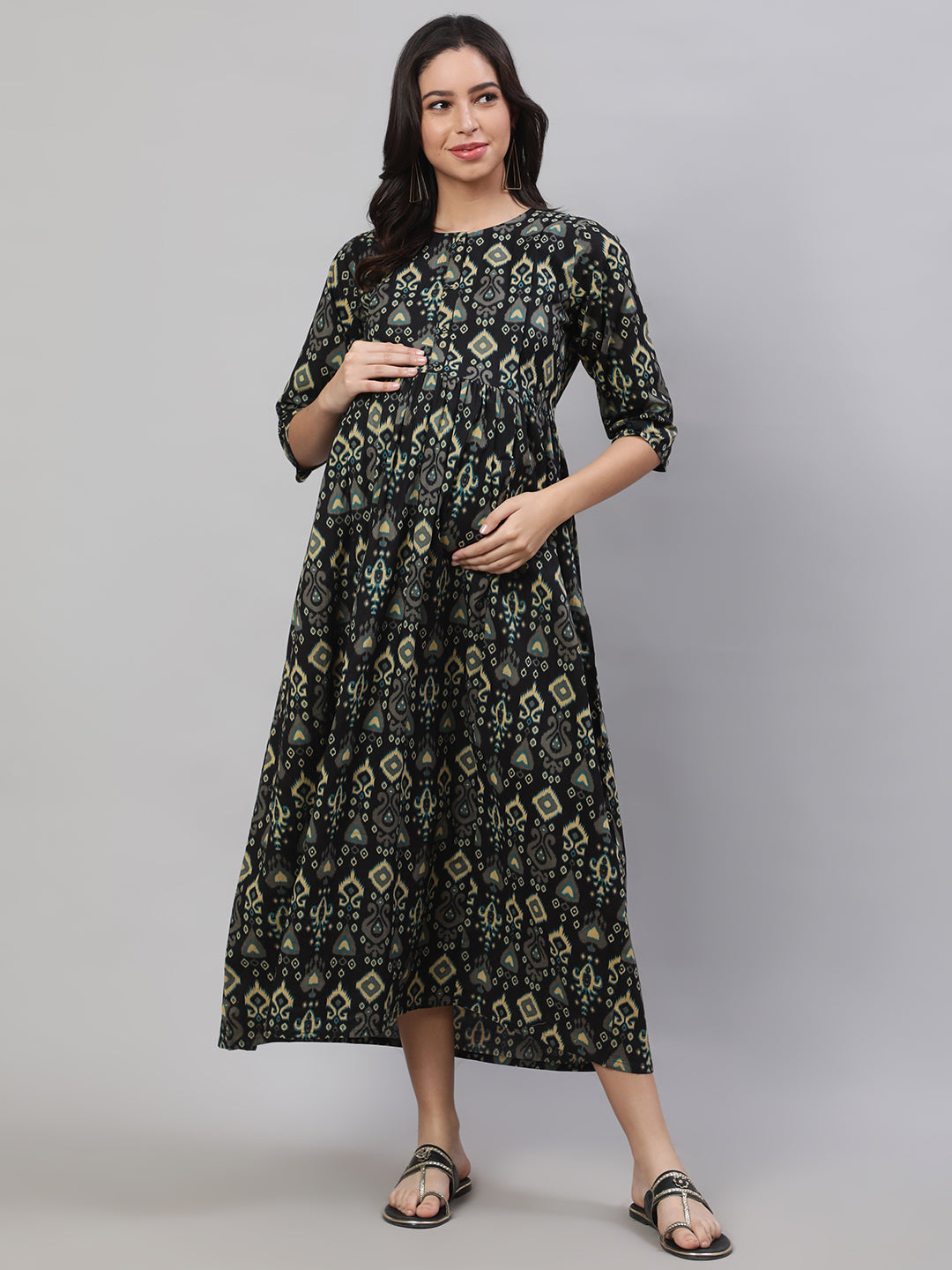 Women's Black Printed Flared Maternity Dress