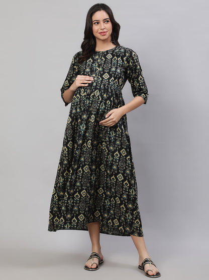 Women's Black Printed Flared Maternity Dress