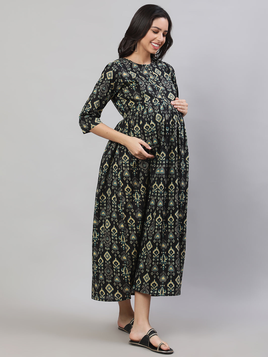 Women's Black Printed Flared Maternity Dress