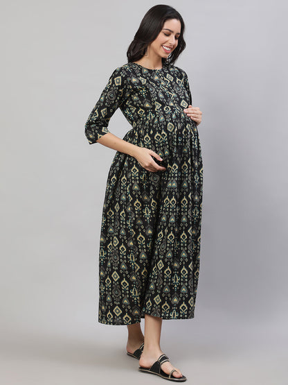 Women's Black Printed Flared Maternity Dress