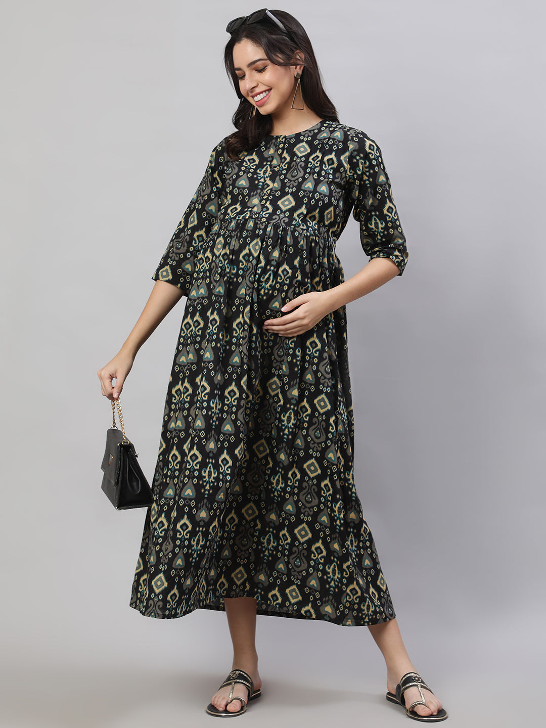 Women's Black Printed Flared Maternity Dress