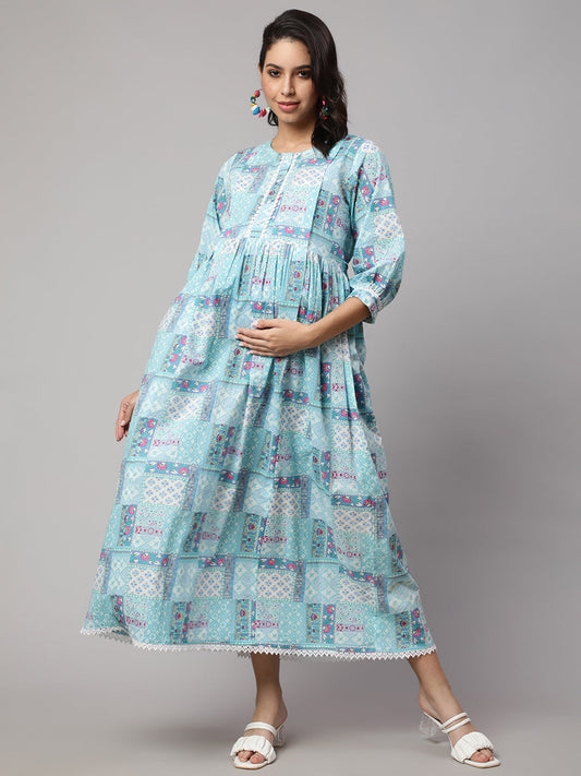 Women's Sky Blue Printed Flared Maternity Dress