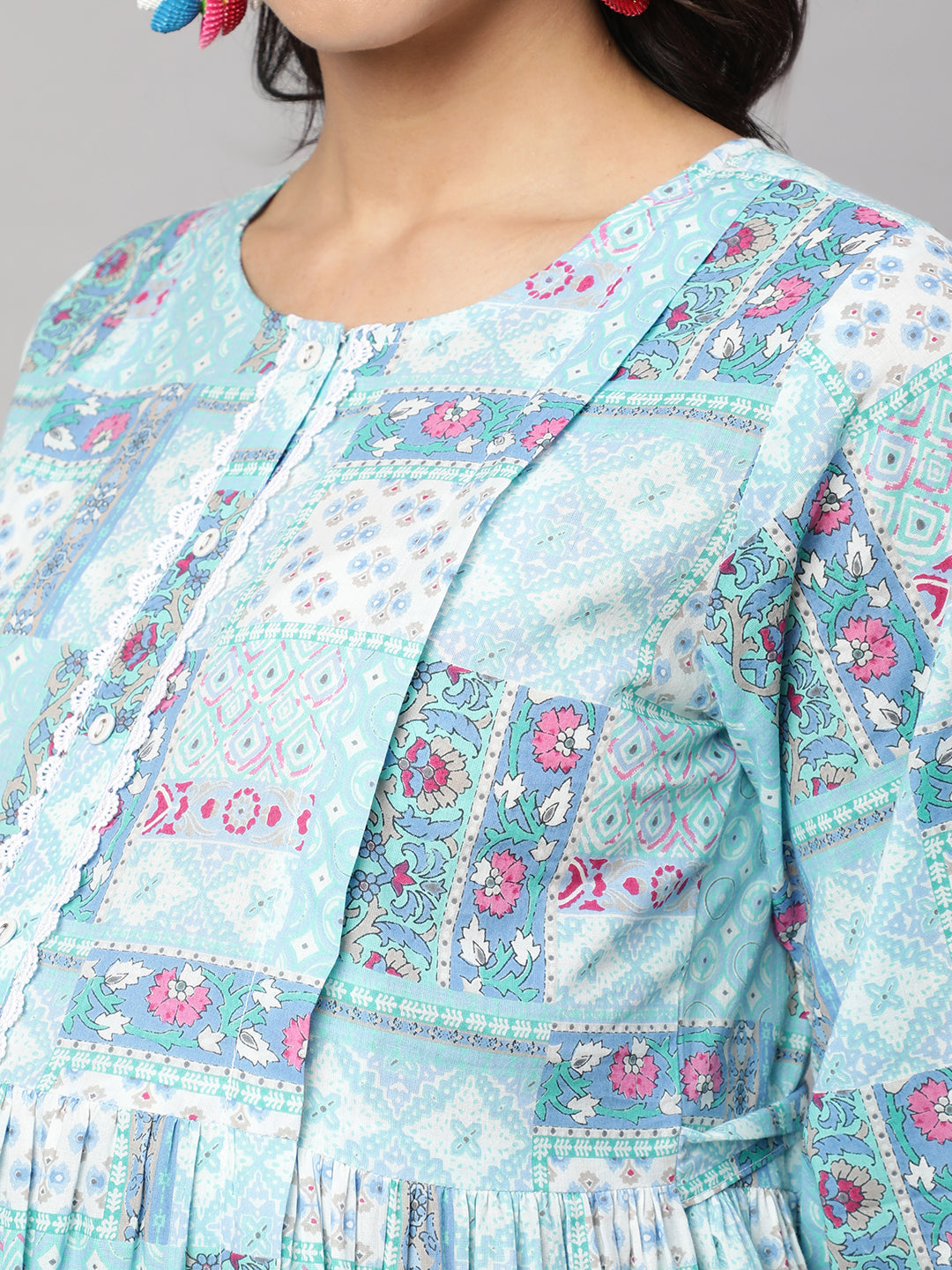 Women's Sky Blue Printed Flared Maternity Dress