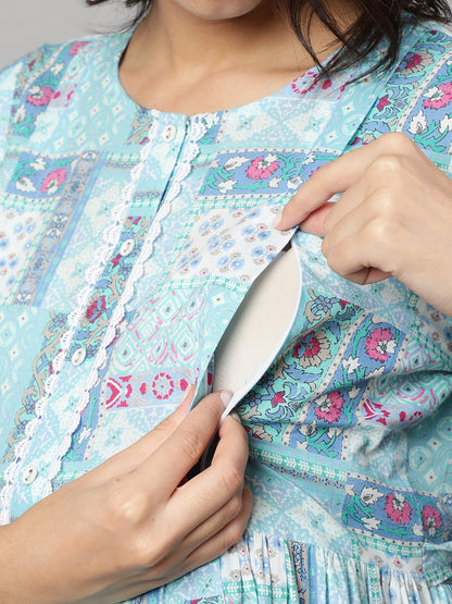 Women's Sky Blue Printed Flared Maternity Dress