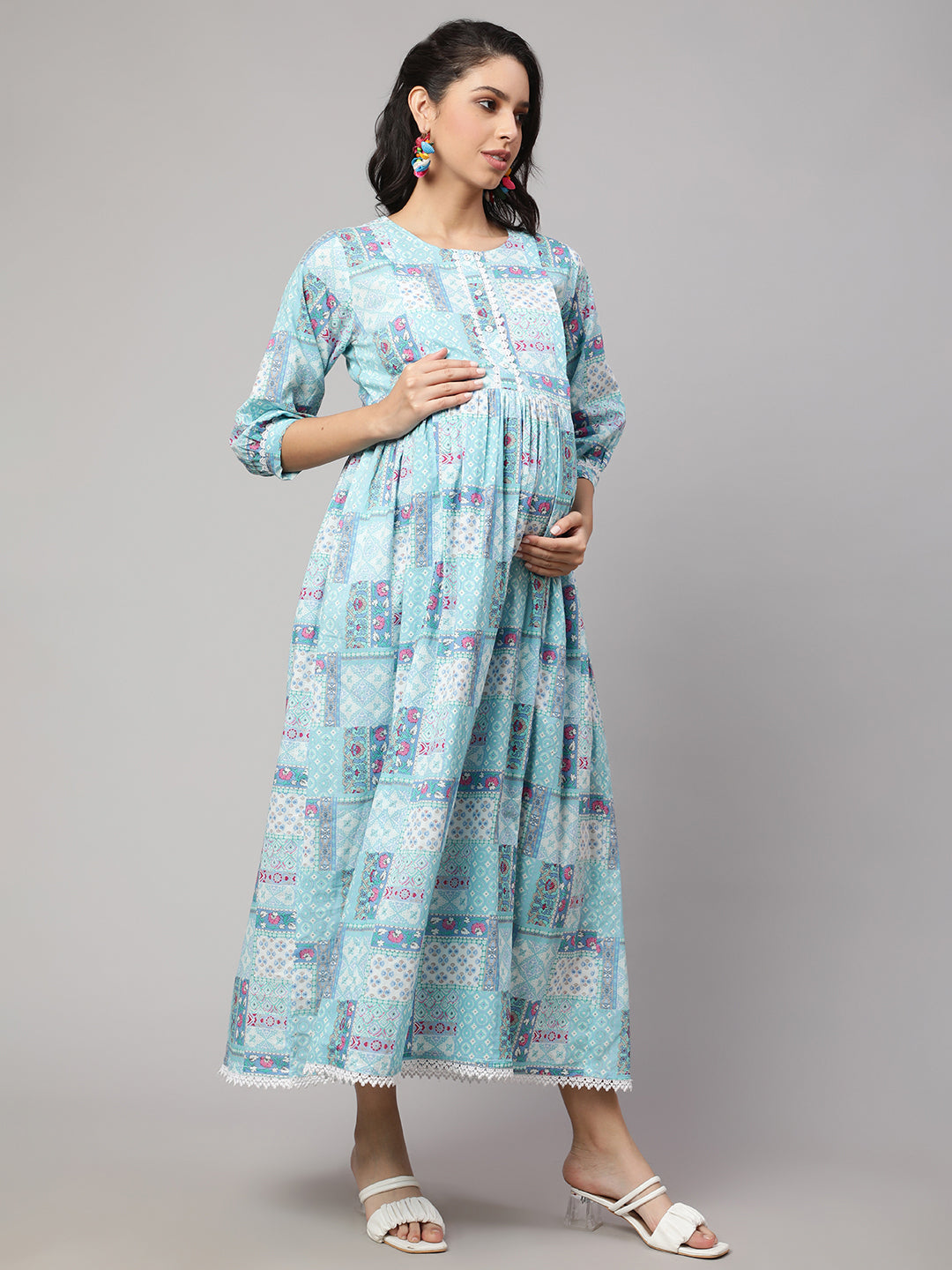 Women's Sky Blue Printed Flared Maternity Dress