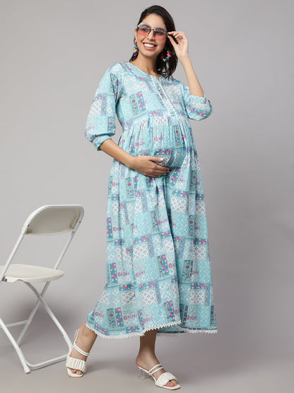 Women's Sky Blue Printed Flared Maternity Dress