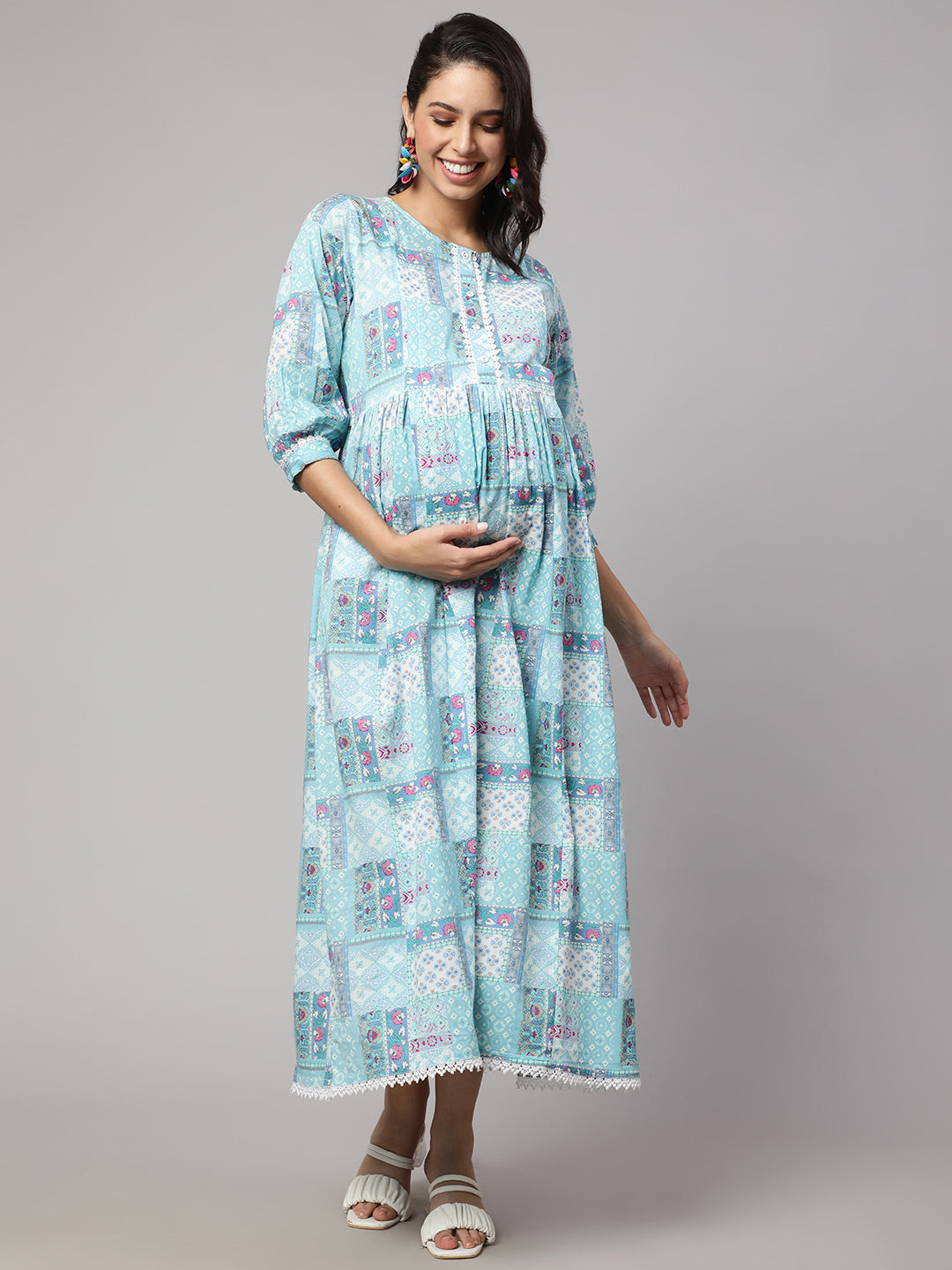 Women's Sky Blue Printed Flared Maternity Dress