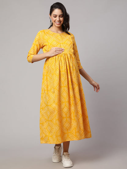 Women's Yellow Printed Flared Maternity Dress