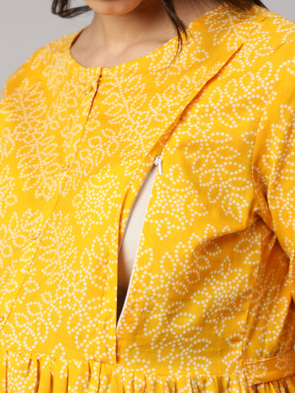 Women's Yellow Printed Flared Maternity Dress