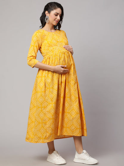 Women's Yellow Printed Flared Maternity Dress