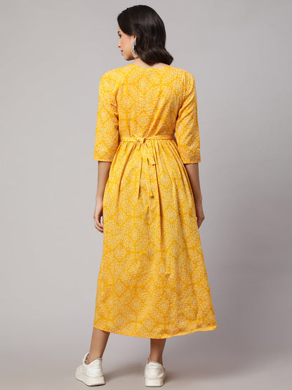 Women's Yellow Printed Flared Maternity Dress