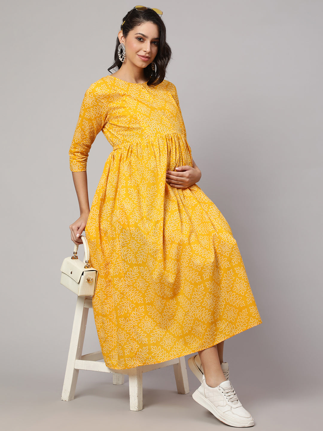 Women's Yellow Printed Flared Maternity Dress