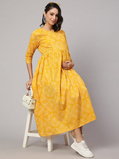 Women's Yellow Printed Flared Maternity Dress